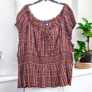 Old Navy Cap-Sleeve Plaid-Print Smocked Peplum 4X Blouse